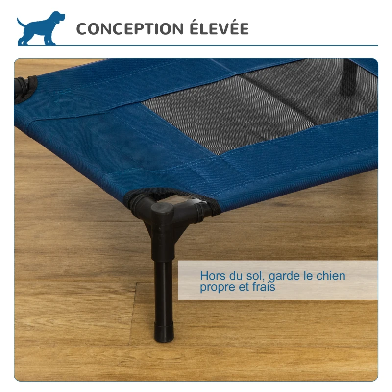 PawHut Lit surélevé pour chiens chats animaux de compagnie tissu oxford textilène micro-perforé 61 x 46 x 18 cm bleu et noir