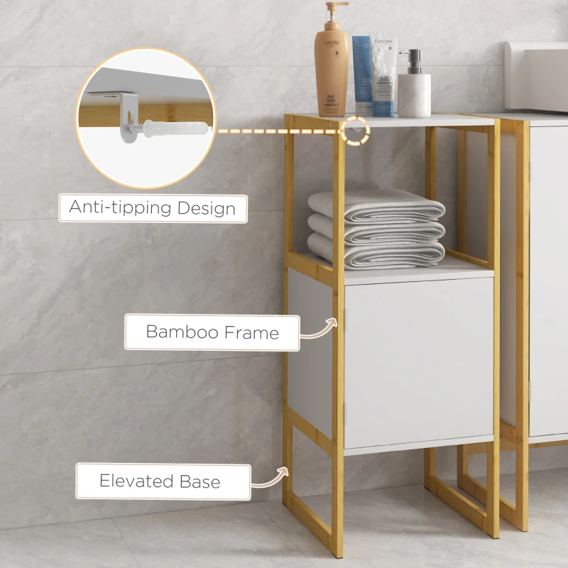 HOMCOM Dulap de Podea pentru Baie, Dulap de Depozitare pentru Baie cu Cadru din Bambus, Raft Deschis și Ușă, 33x33x80 cm, Alb