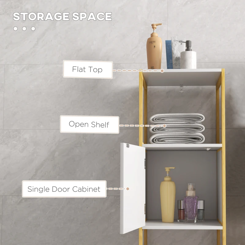 HOMCOM Dulap de Podea pentru Baie, Dulap de Depozitare pentru Baie cu Cadru din Bambus, Raft Deschis și Ușă, 33x33x80 cm, Alb