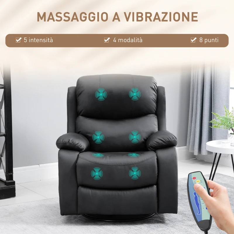 HOMCOM Poltrona Relax Massaggiante con Reclinazione e Poggiapiedi, 97x92X104cm Nero