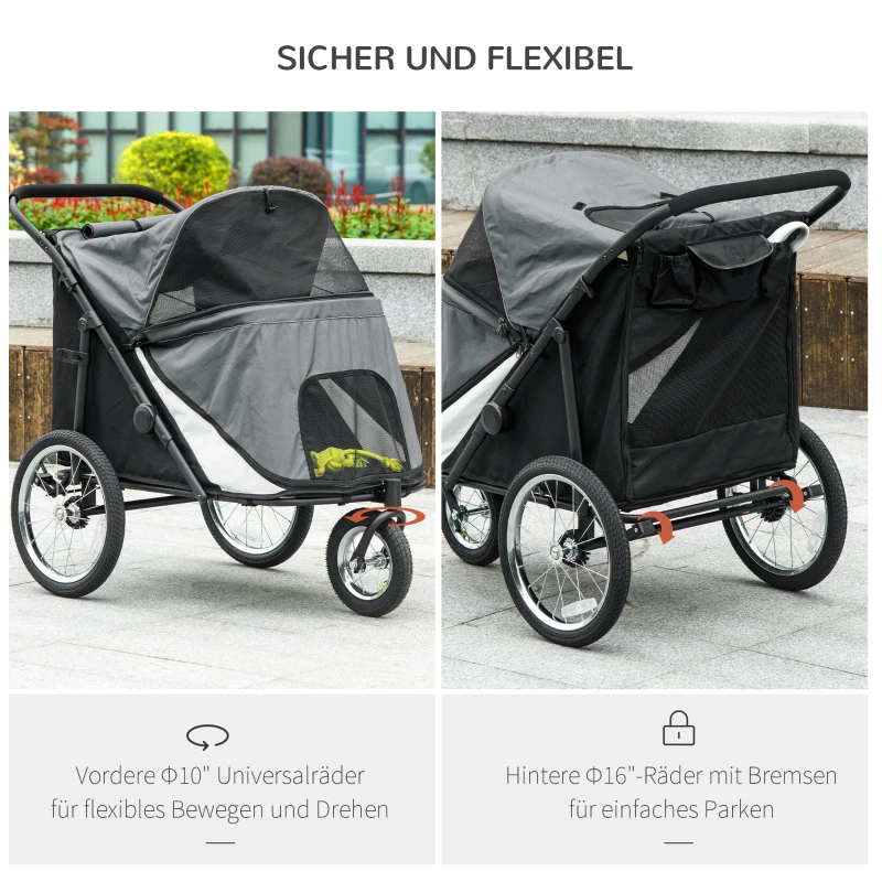 PawHut Hondenbuggy, opvouwbaar, opklapbaar, Ligkussen, Stalen frame, Grijs/Zwart(m-5)