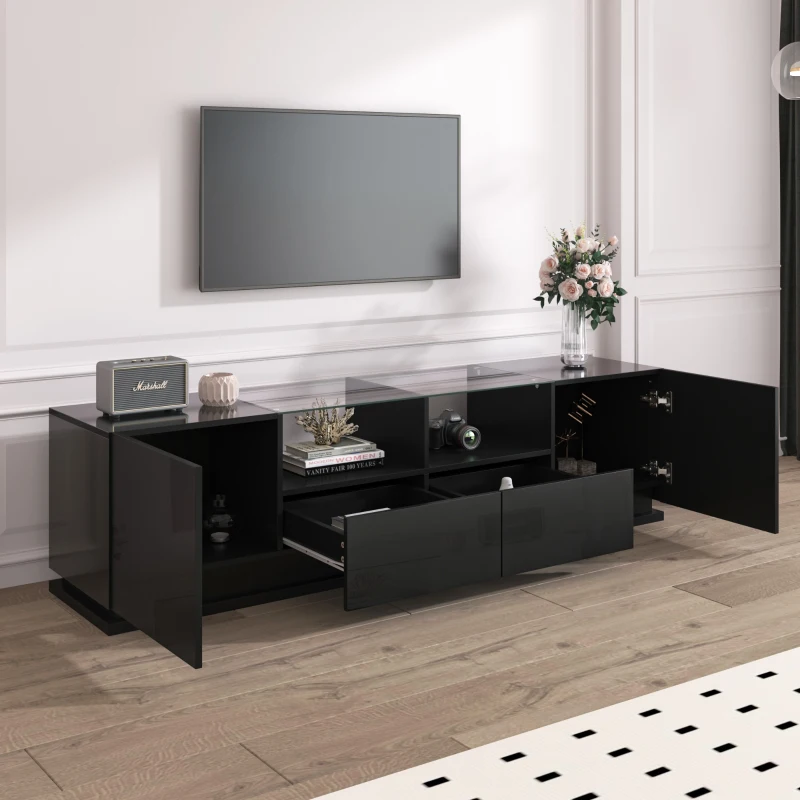 Mobile TV Lucido con Ripiani in Vetro, 2 Cassetti, 2 Ante & Effetti Luce LED, Lowboard 165x38x43 cm, Nero