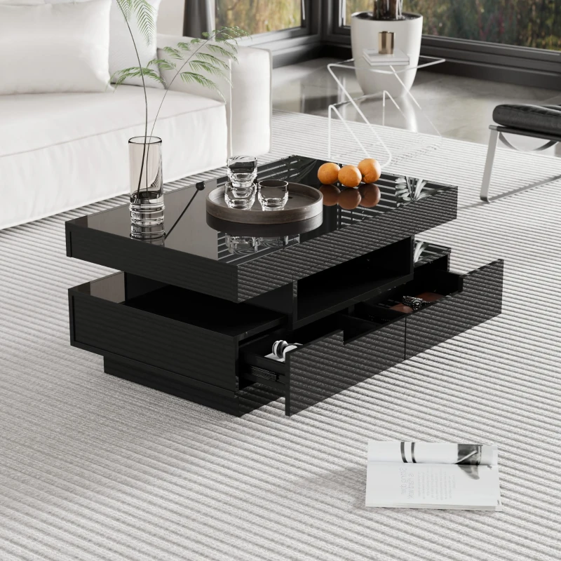 Măsuță de cafea cu bandă LED integrată, 4 sertare frontale și posterioare, 80 x 50 x 36 cm, Negru