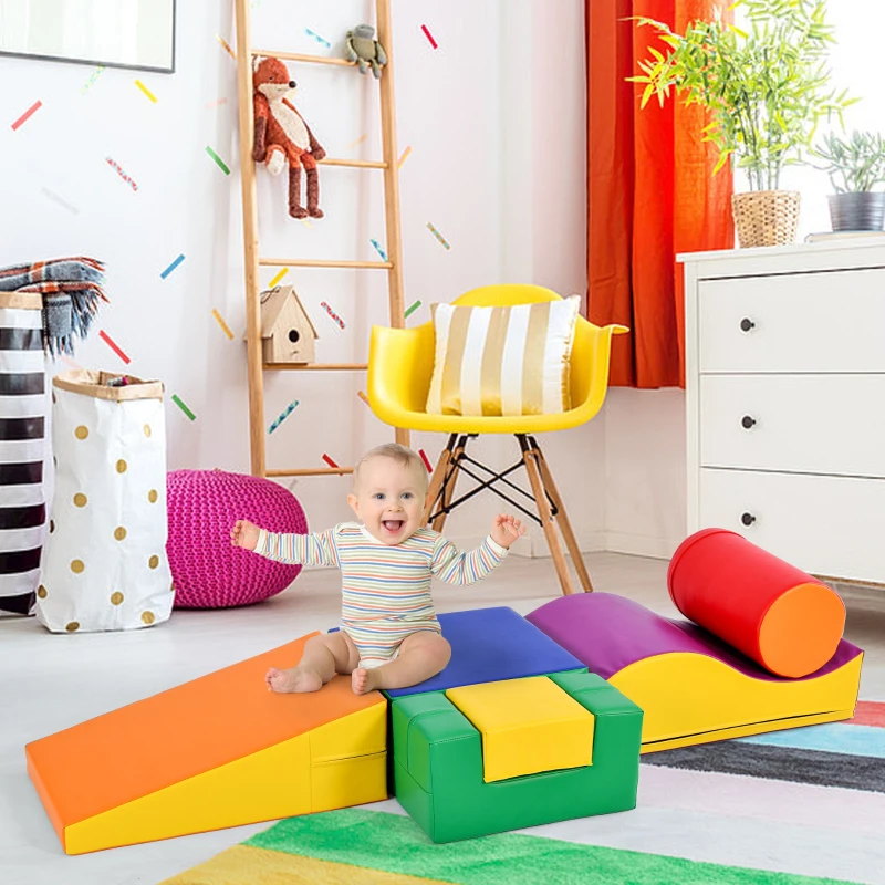 Set de 6 Blocuri Mari de Construcție, pentru Joacă și Cățărare, cu Scară și Tobogan, Multicolor