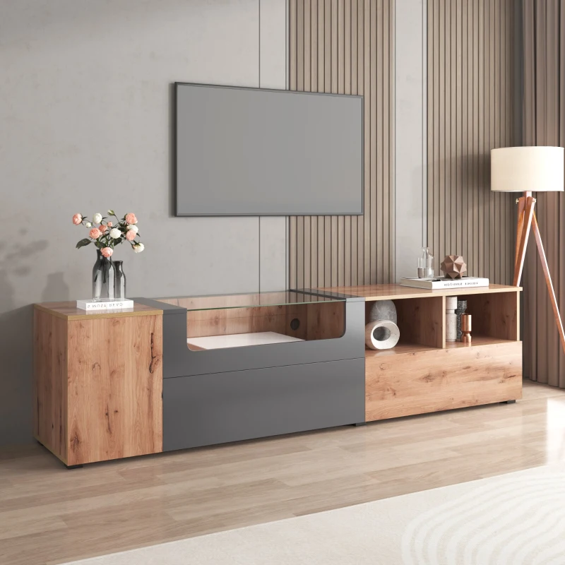 Mobile TV nei colori grigio scuro e legno in stile country naturale, con luci a LED, piano in vetro, scomparti e ante, Naturale