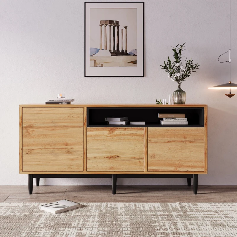 Comodă modernă din lemn cu trei uși și rafturi, 160x35x76 cm, Culoare naturală