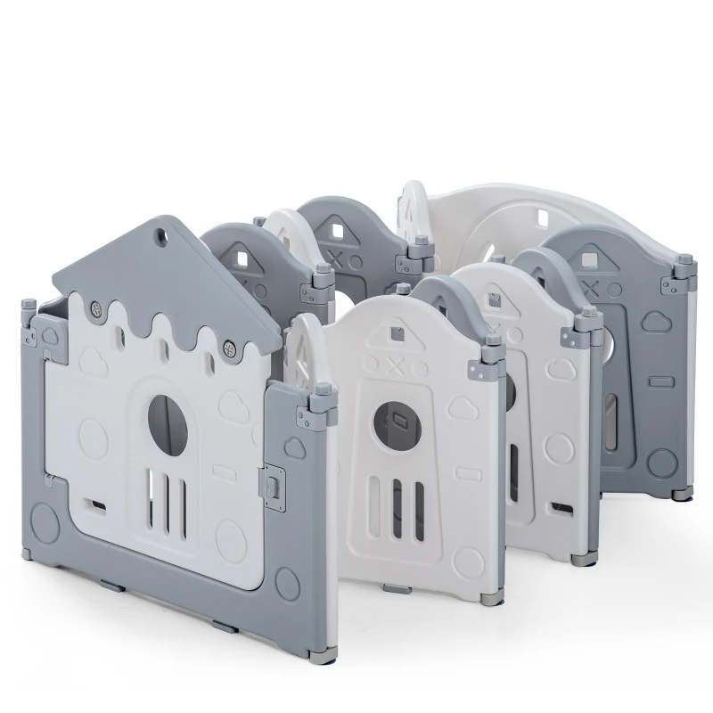 Multifunktionaler Laufstall im Schlossdesign mit Schaukel, Basketballkorb und Aktivitätsbrett - Sicher und Klappbar, Grau