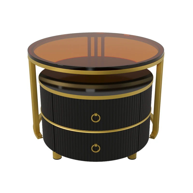 Mesita 2 en 1 en MDF con Superficie Brillante y Tapa de Vidrio Templado Marrón Combinación de Mesa de Centro para Sala de Estar con 2 Cajones Negro