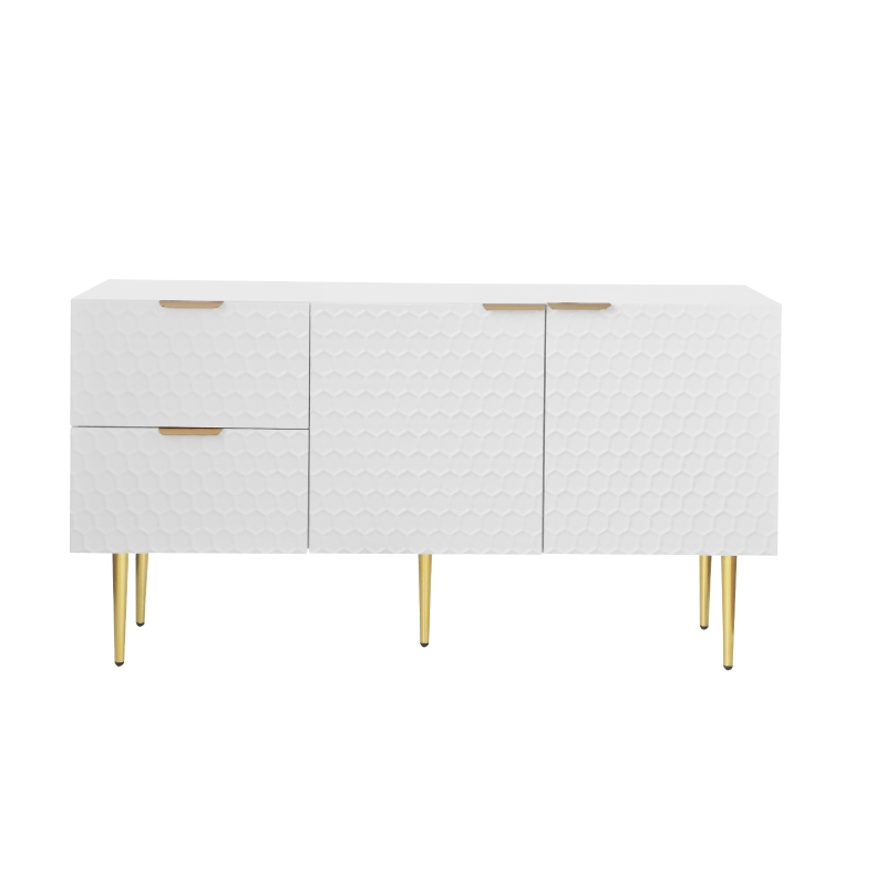 Credenza Moderna con 2 Ante e 2 Cassetti, Maniglie e Piedini Dorati, Bianco