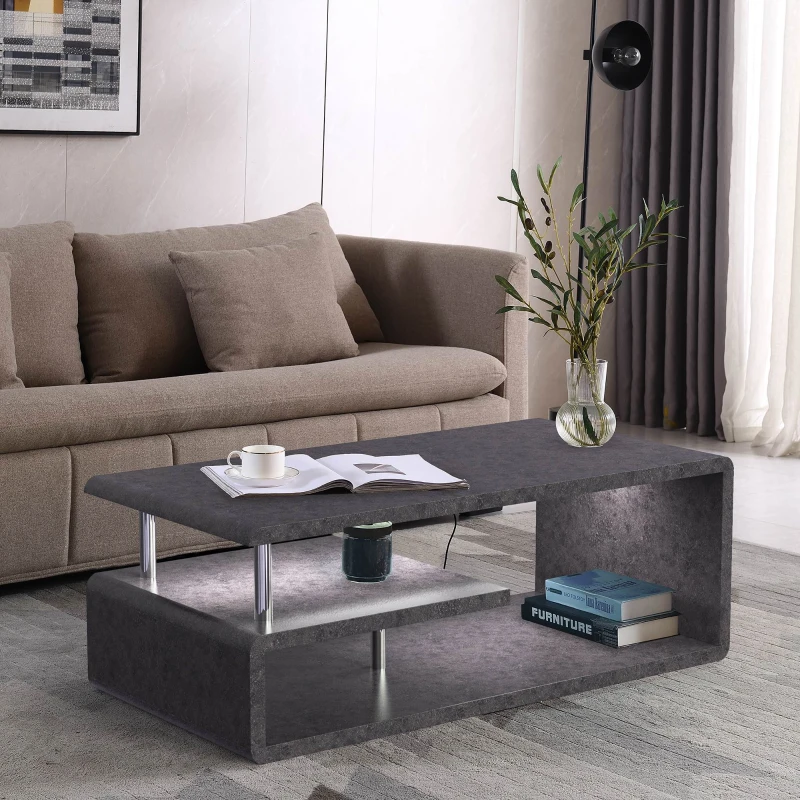 Tavolino Moderno con Finitura in Cemento Grigio, Illuminazione a LED, Tavolino da Salotto e Ufficio, Grigio Cemento