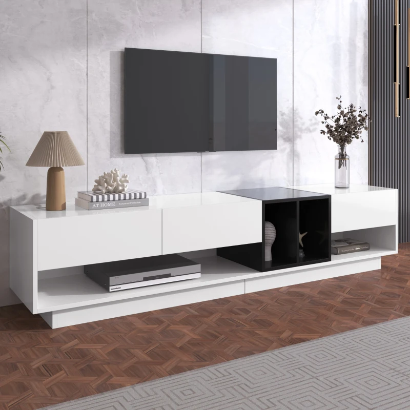 Combinación de Mueble Bajo para TV en Blanco y Negro Brillante Diseño de Bloques de Color Cajones Estantes Varios Espacios de Almacenamiento Blanco
