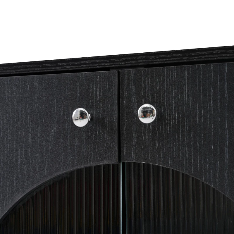 Comodă cu uși din sticlă și ratan, ușă semirotundă, 160x40x80 cm, Negru