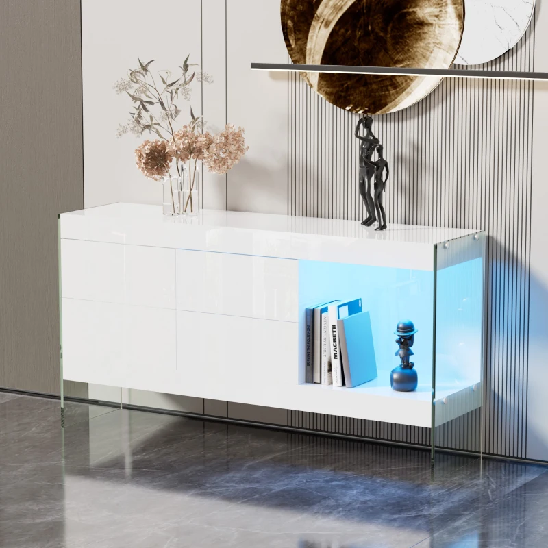 Madia con Gambe in Vetro, Quattro Cassetti e un Ripiano, con Illuminazione a LED, Grigio Caldo e Bianco