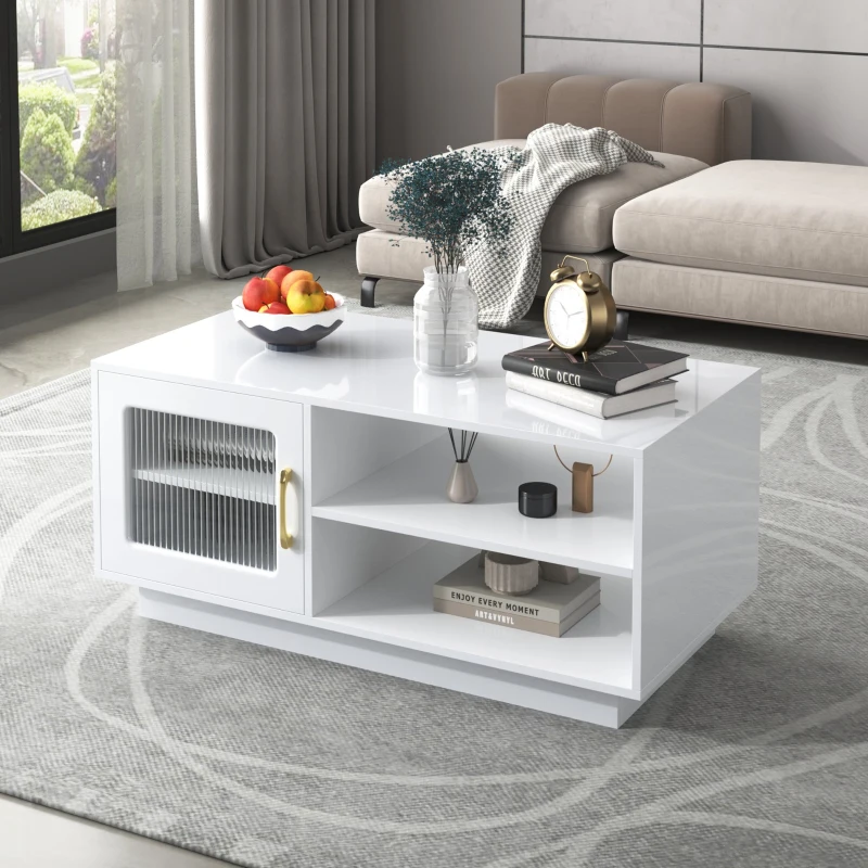 Tavolino da Salotto con Ante in Vetro e Illuminazione LED Controllabile tramite App Mobile, Bianco