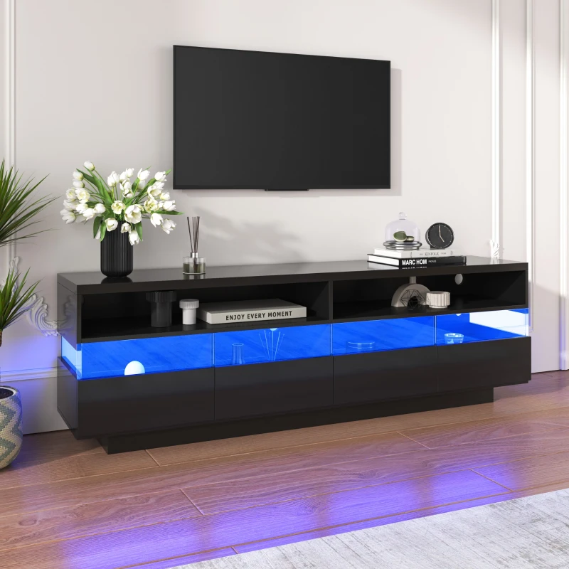 Mueble de TV Moderno con Acabado Brillante Mesa de TV con Iluminación Led Dos Estantes y Cuatro Cajones Negro
