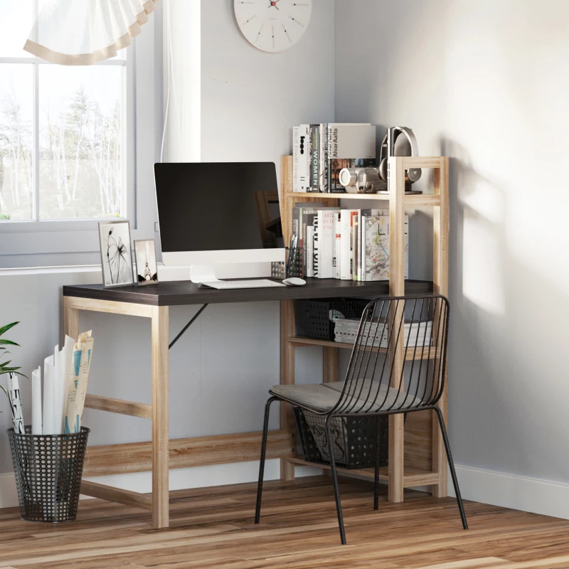HOMCOM Computer Desk with 3 Tier Storage Shelves on Left or Right, 120cm Writing Table for Home Office, Study, Bedroom, Walnut and Oak