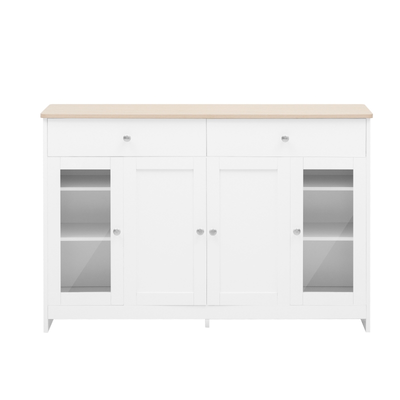 Credenza Moderna con Superficie in Legno, con 4 Ante e 2 Cassetti e Anta in Vetro, per Soggiorno e Sala da Pranzo, Bianco