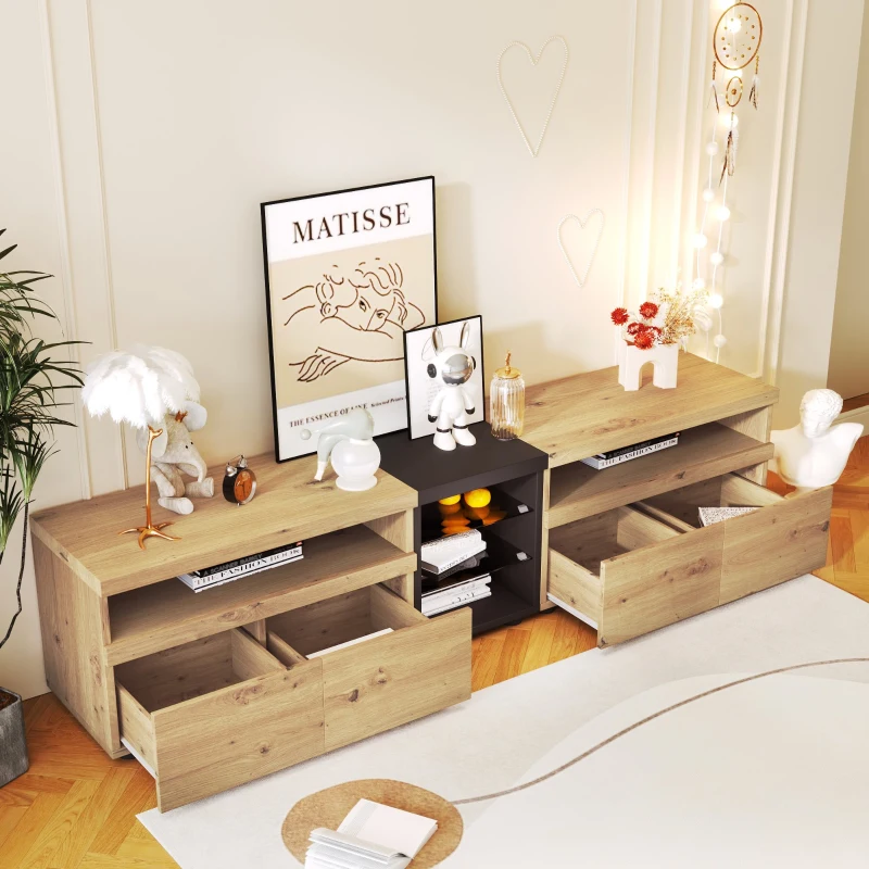 Mobile TV con Cassetti e Ante in Vetro, Design a Blocchi di Colore Nero e Legno, Ideale per TV/Arredo Soggiorno, Naturale