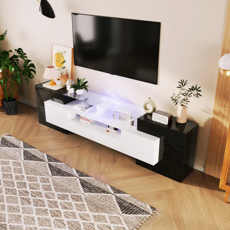 Elegante TV mobile con Pannello Basso, Luminoso Bianco e Nero Lucido, LED Illuminazione, Mobili Soggiorno - Design Moderno, Superficie in Vetro Elegante, Nero