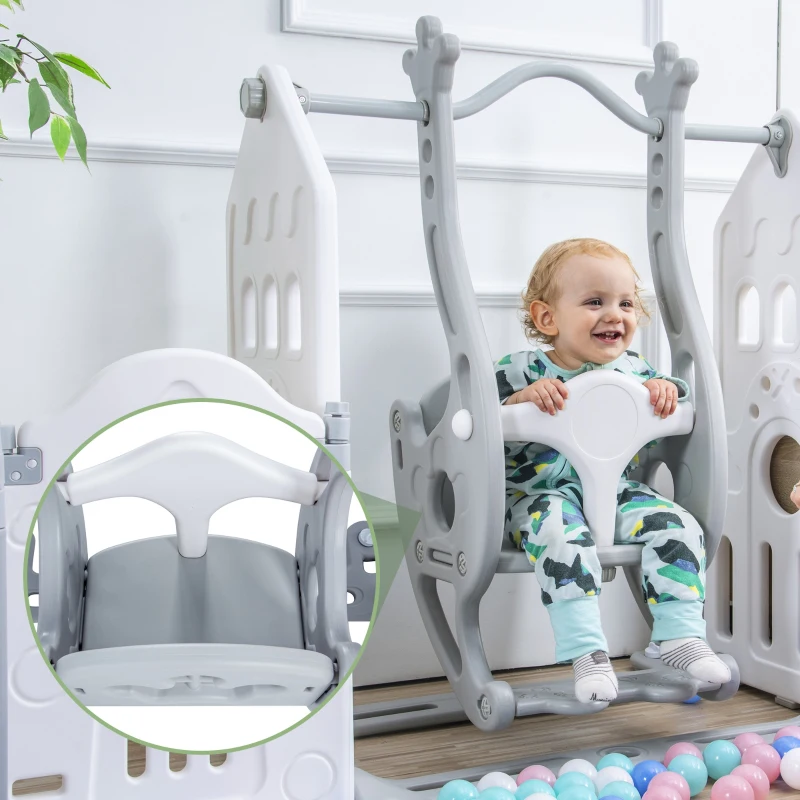 Parque para Niños 160x160x77 cm 14 Paneles Puerta de Seguridad de Plástico con Puerta & Panel de Juguetes & Canasta de Baloncesto & Columpio Gris