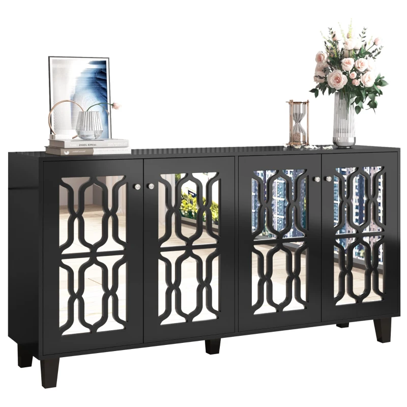 Credenza Moderna con Specchio e Maniglie di Cristallo, 4 Ante e Ripiani Mobili per Soggiorno e Cucina, 160x40x84 cm, Nero
