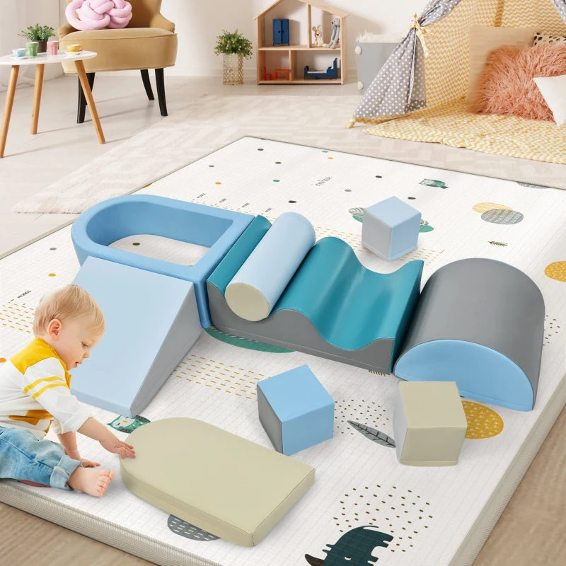 Set di 9 Blocchi Morbidi atossici da Gioco per arrampicarsi, scivolare, gattonare e giocare in sicurezza,blu