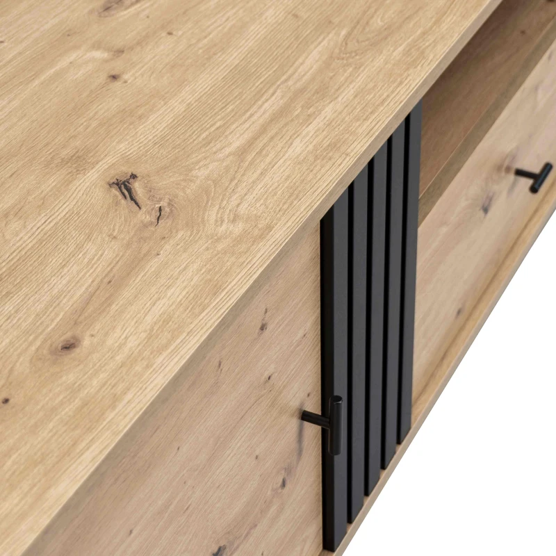 Mobile TV da 170 cm in Legno e Nero, Credenza con Cassetti, Spazio per Riporre, Design Esclusivo, Naturale