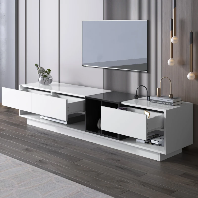 Combinación de Mueble Bajo para TV en Blanco y Negro Brillante Diseño de Bloques de Color Cajones Estantes Varios Espacios de Almacenamiento Blanco