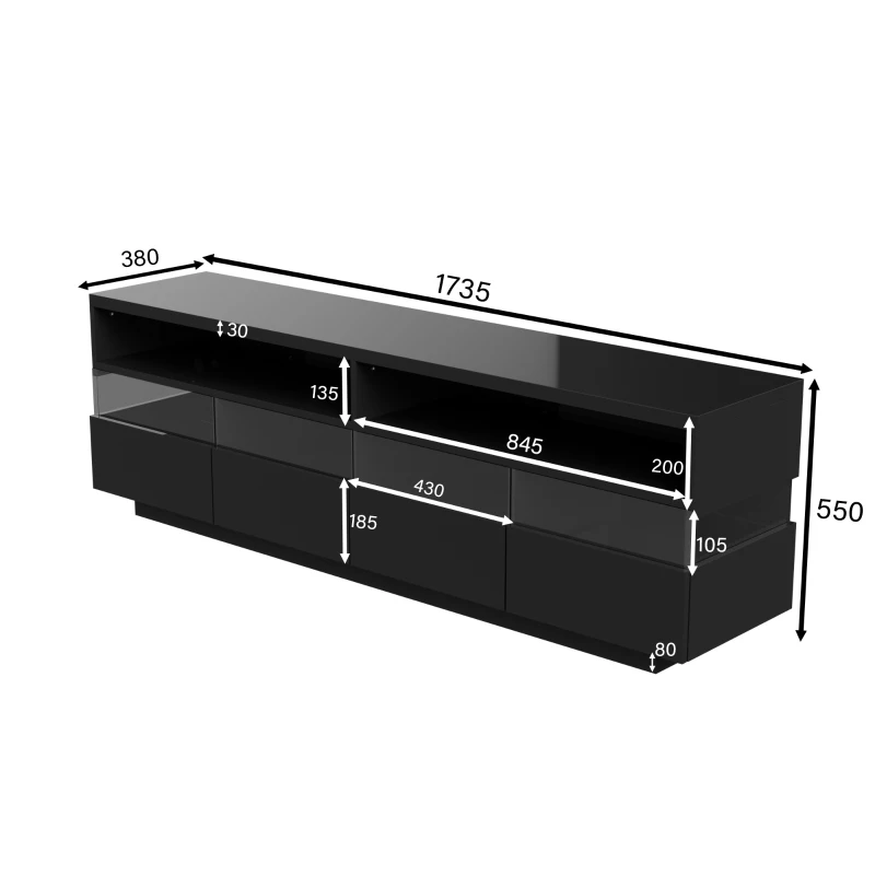 Mueble de TV Moderno con Acabado Brillante Mesa de TV con Iluminación Led Dos Estantes y Cuatro Cajones Negro