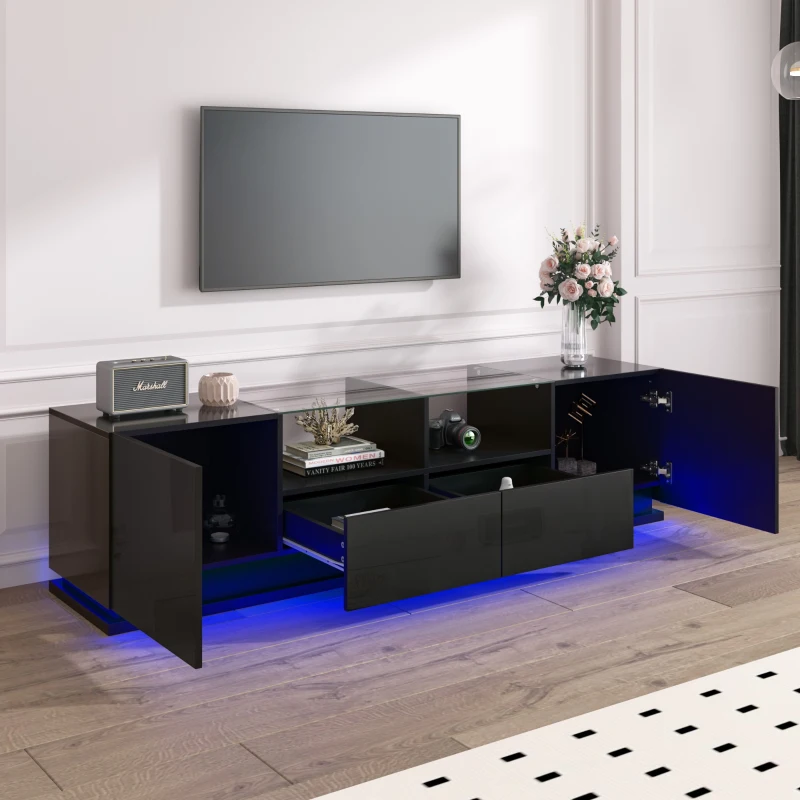 Mobile TV Lucido con Ripiani in Vetro, 2 Cassetti, 2 Ante & Effetti Luce LED, Lowboard 165x38x43 cm, Nero