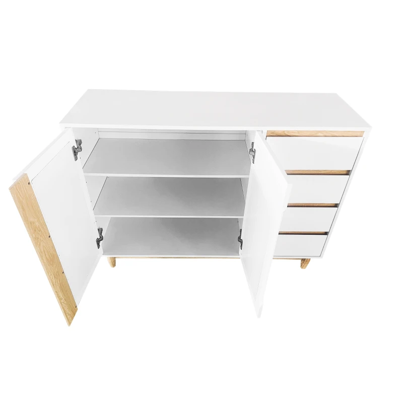 Credenza con Porte in Rattan PE, Cassetti, Ripiani Regolabili e Gambe in Legno Massello, Bianco