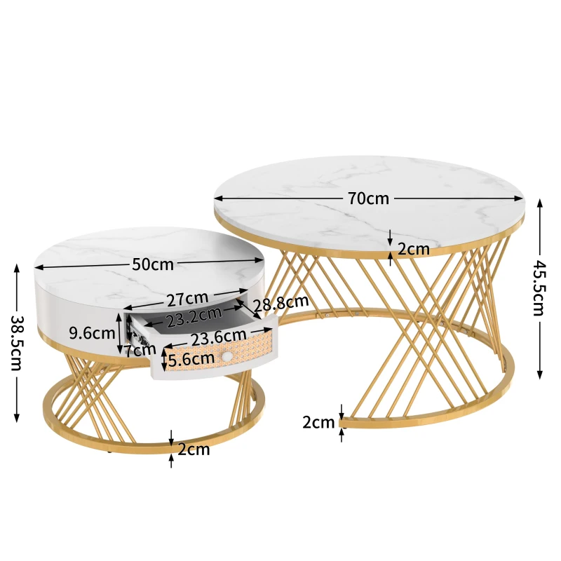 Mesa de Centro Redonda 2 en 1 en MDF Mesa con Tapa Efecto Mármol y Cajones en Ratán Sintético Tiradores en Madera Maciza Patas en Hierro Dorado Blanco
