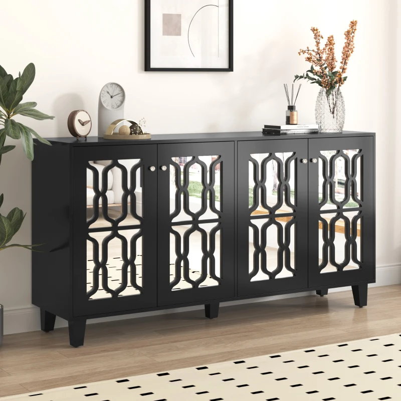 Credenza Moderna con Specchio e Maniglie di Cristallo, 4 Ante e Ripiani Mobili per Soggiorno e Cucina, 160x40x84 cm, Nero