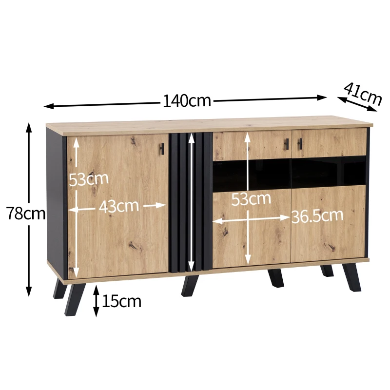 Cómoda y Aparador  Diseño en Madera y Negro con Iluminación Led Vidrio y Amplio Espacio de Almacenamiento140x78x41 cm Natural