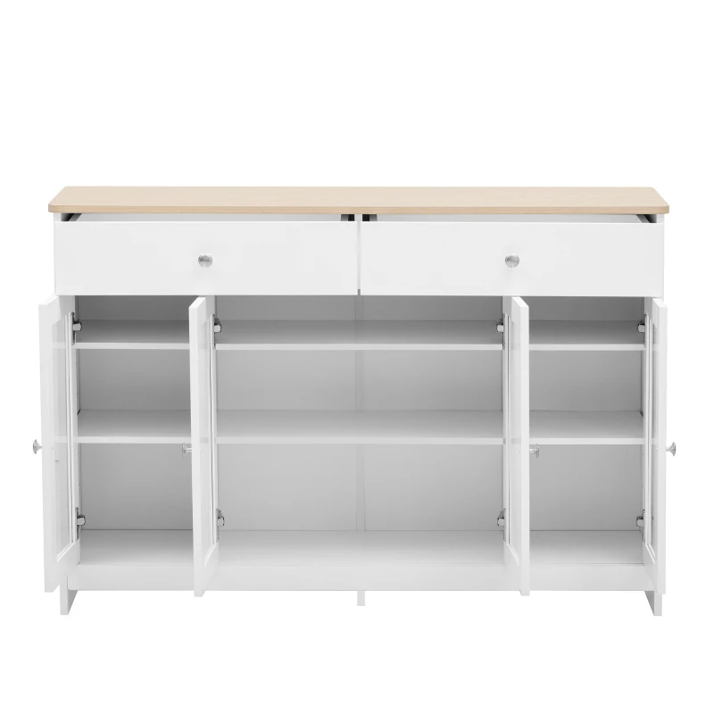 Credenza Moderna con Superficie in Legno, con 4 Ante e 2 Cassetti e Anta in Vetro, per Soggiorno e Sala da Pranzo, Bianco