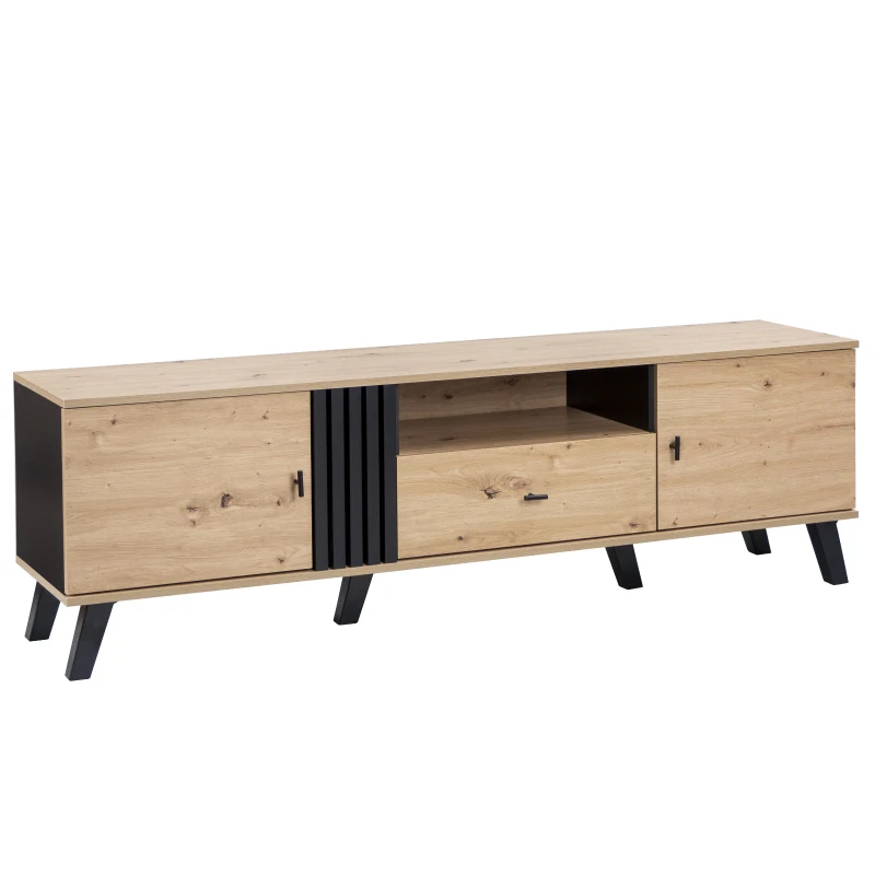 Mobile TV da 170 cm in Legno e Nero, Credenza con Cassetti, Spazio per Riporre, Design Esclusivo, Naturale