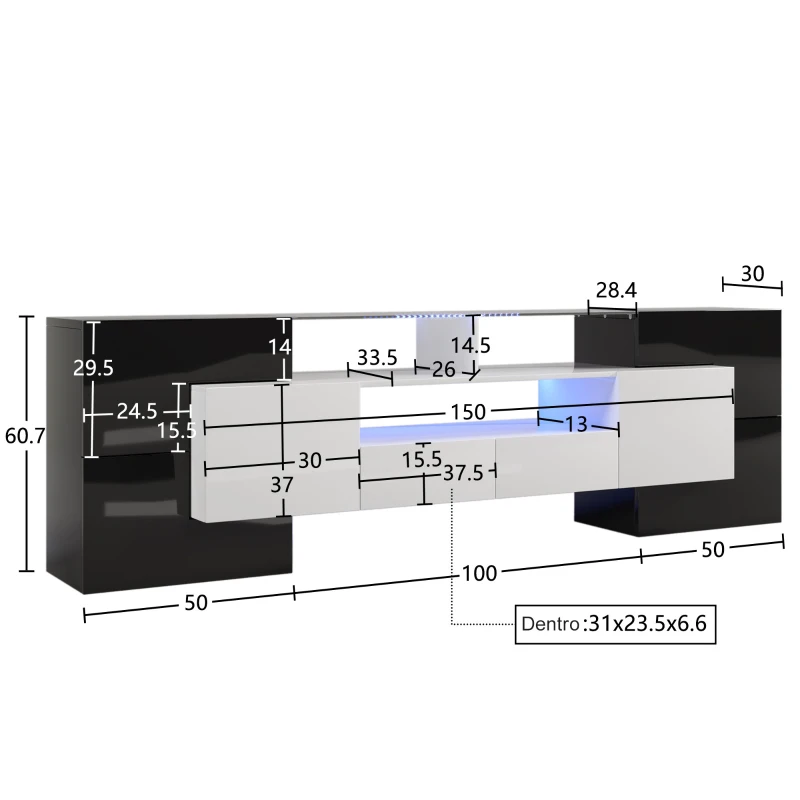 Elegante TV mobile con Pannello Basso, Luminoso Bianco e Nero Lucido, LED Illuminazione, Mobili Soggiorno - Design Moderno, Superficie in Vetro Elegante, Nero