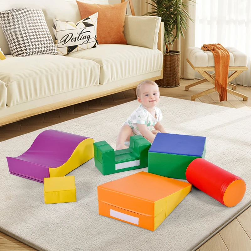 Set de 6 Blocuri Mari de Construcție, pentru Joacă și Cățărare, cu Scară și Tobogan, Multicolor