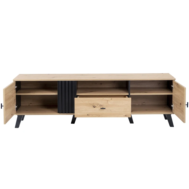 Mobile TV da 170 cm in Legno e Nero, Credenza con Cassetti, Spazio per Riporre, Design Esclusivo, Naturale