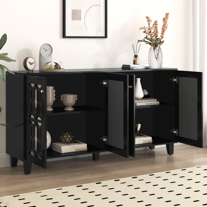Credenza Moderna con Specchio e Maniglie di Cristallo, 4 Ante e Ripiani Mobili per Soggiorno e Cucina, 160x40x84 cm, Nero
