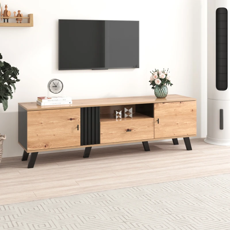 Mobile TV da 170 cm in Legno e Nero, Credenza con Cassetti, Spazio per Riporre, Design Esclusivo, Naturale