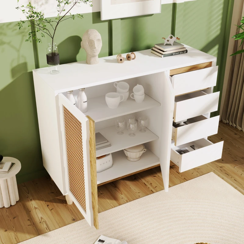 Credenza con Porte in Rattan PE, Cassetti, Ripiani Regolabili e Gambe in Legno Massello, Bianco