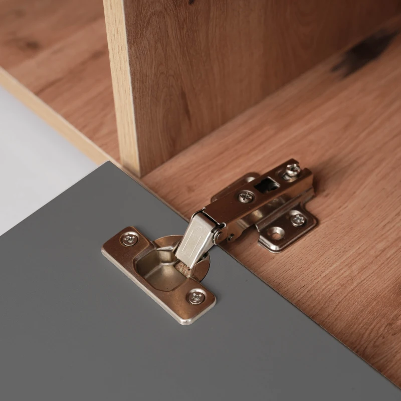 Mobile TV nei colori grigio scuro e legno in stile country naturale, con luci a LED, piano in vetro, scomparti e ante, Naturale