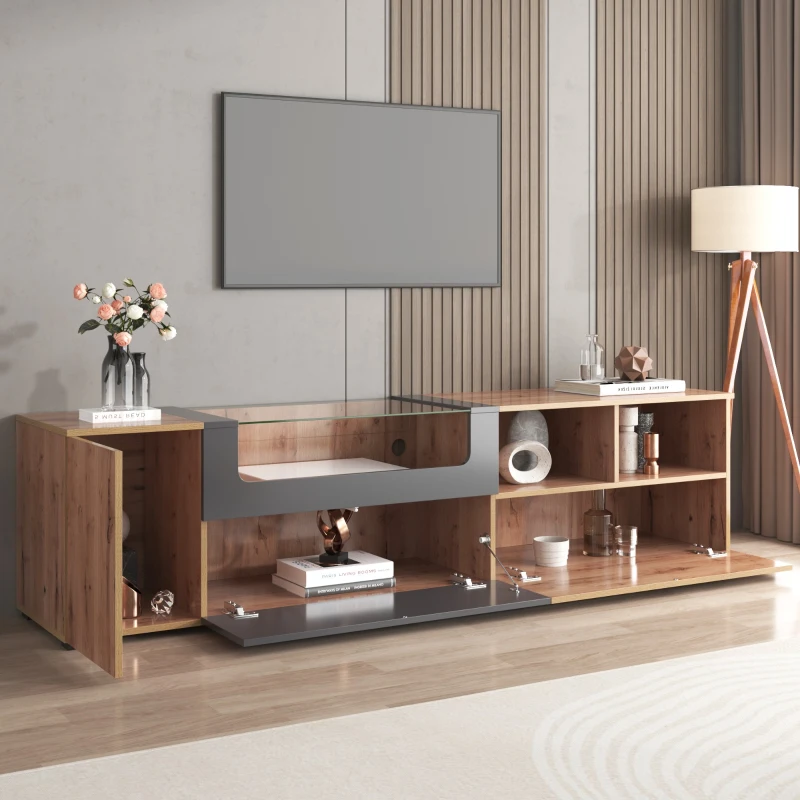 Mobile TV nei colori grigio scuro e legno in stile country naturale, con luci a LED, piano in vetro, scomparti e ante, Naturale