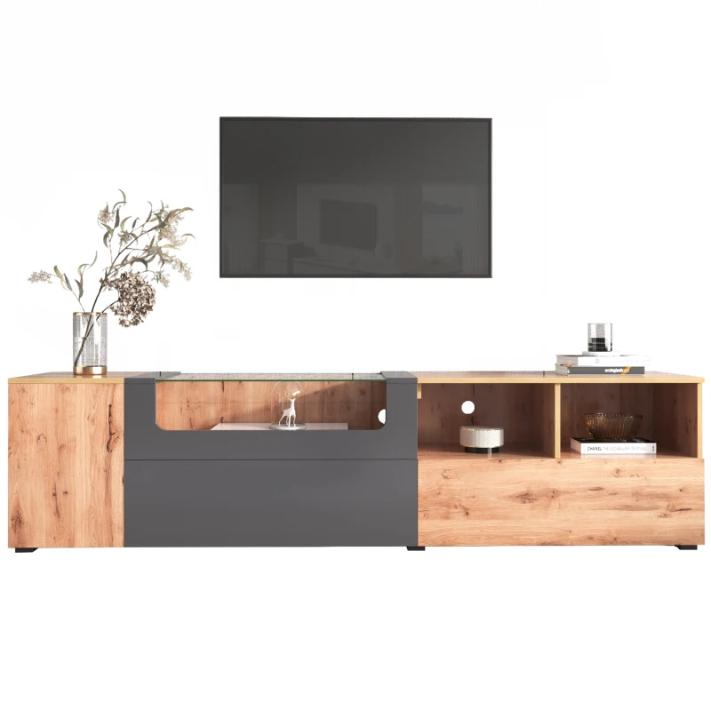 Mobile TV nei colori grigio scuro e legno in stile country naturale, con luci a LED, piano in vetro, scomparti e ante, Naturale