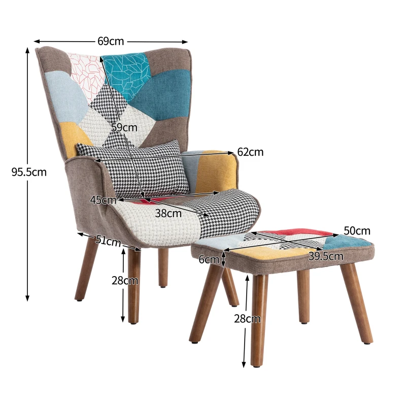 Fotoliu modern cu perne și taburet, 69x51x95,5 cm, Multicolor