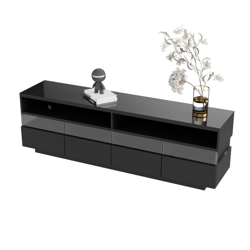 Mueble de TV Moderno con Acabado Brillante Mesa de TV con Iluminación Led Dos Estantes y Cuatro Cajones Negro