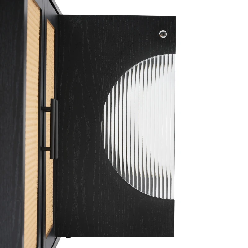 Comodă cu uși din sticlă și ratan, ușă semirotundă, 160x40x80 cm, Negru