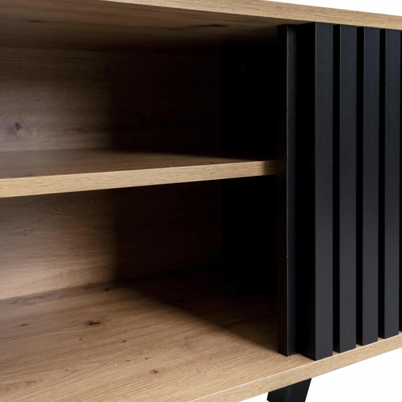 Mobile TV da 170 cm in Legno e Nero, Credenza con Cassetti, Spazio per Riporre, Design Esclusivo, Naturale