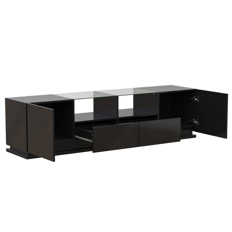 Mobile TV Lucido con Ripiani in Vetro, 2 Cassetti, 2 Ante & Effetti Luce LED, Lowboard 165x38x43 cm, Nero